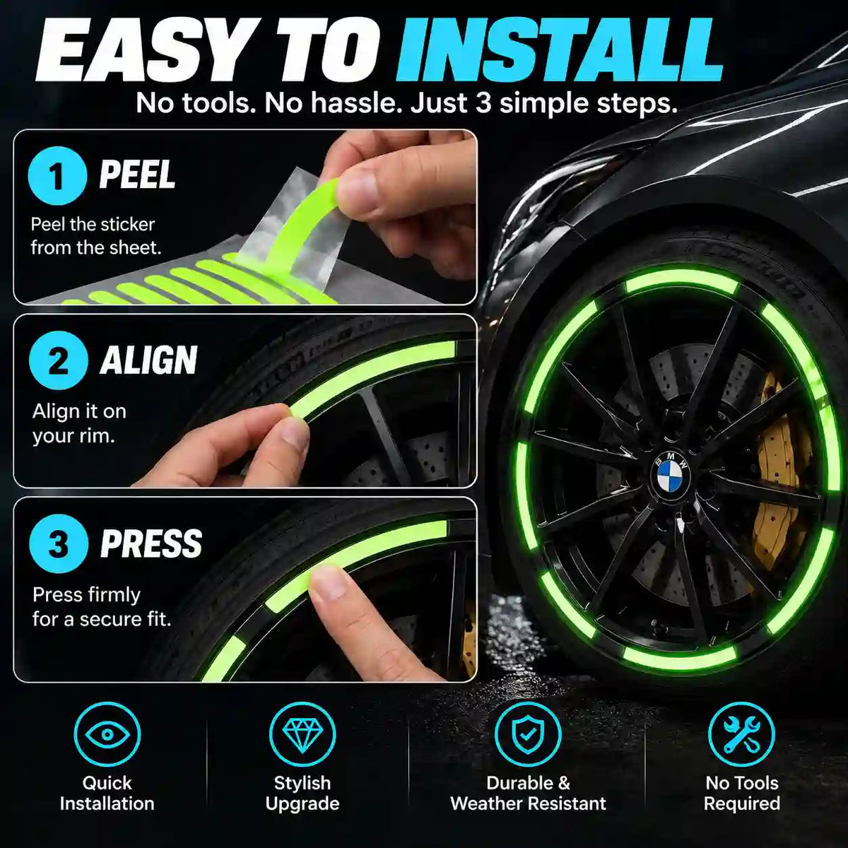 Vehicle Reflective Rim Stickers – Glowing Wheel Decals for Cars, Bikes & Scooters