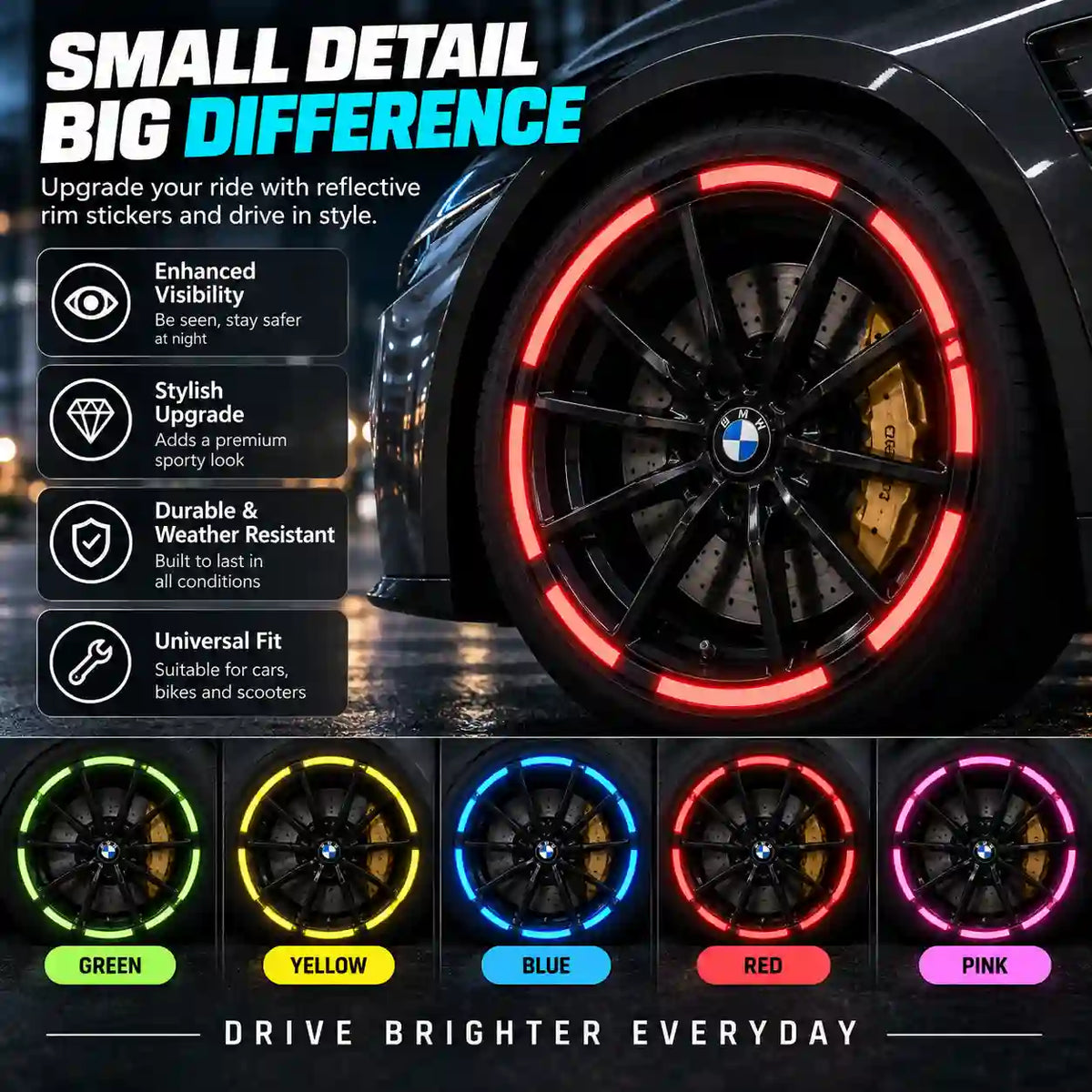 Vehicle Reflective Rim Stickers – Glowing Wheel Decals for Cars, Bikes & Scooters